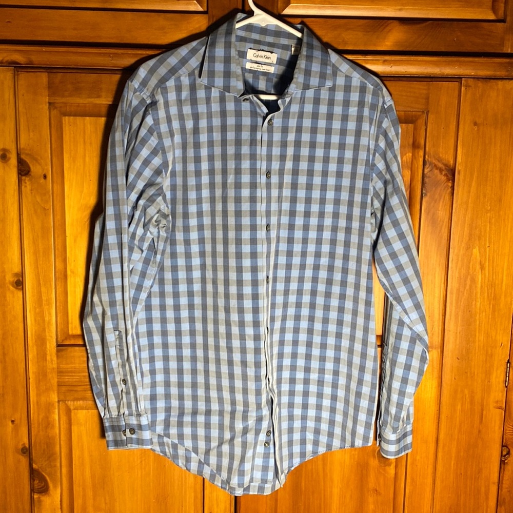 Calvin Klein Mens Blue Plaid Button Down Dress Shirt